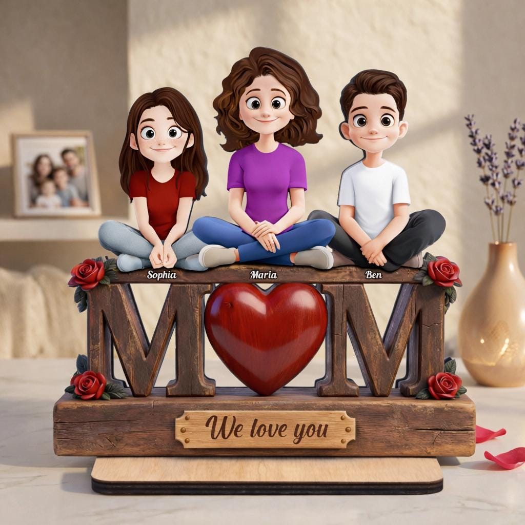 Mom We Love You Mother's Day Gift For Mom, Nana, Personalized Wooden Plaque, Custom Family Sign, Grandma Gift With Kids, 2D Flat - 2 Layers
