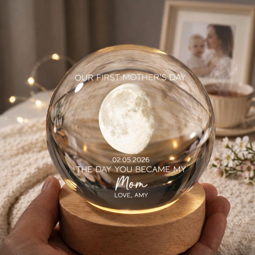 The Day You Became My Mom Custom Moon Phase First Mother's Day, Personalized Crystal Ball Night Light, First Mother's Day Gift For New Mom