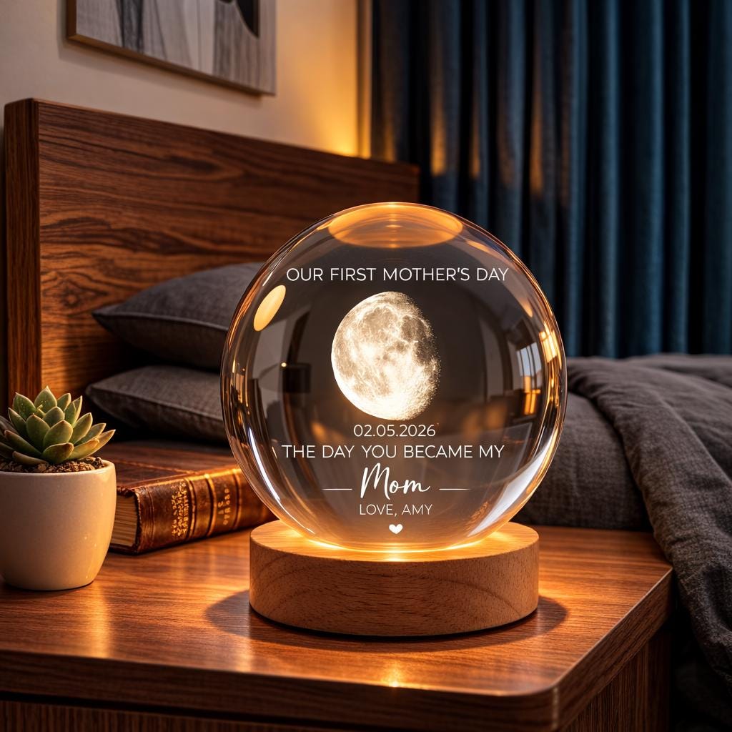 The Day You Became My Mom Custom Moon Phase First Mother's Day, Personalized Crystal Ball Night Light, First Mother's Day Gift For New Mom