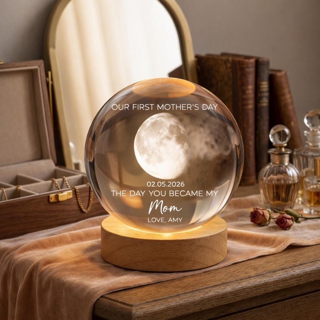 The Day You Became My Mom Custom Moon Phase First Mother's Day, Personalized Crystal Ball Night Light, First Mother's Day Gift For New Mom