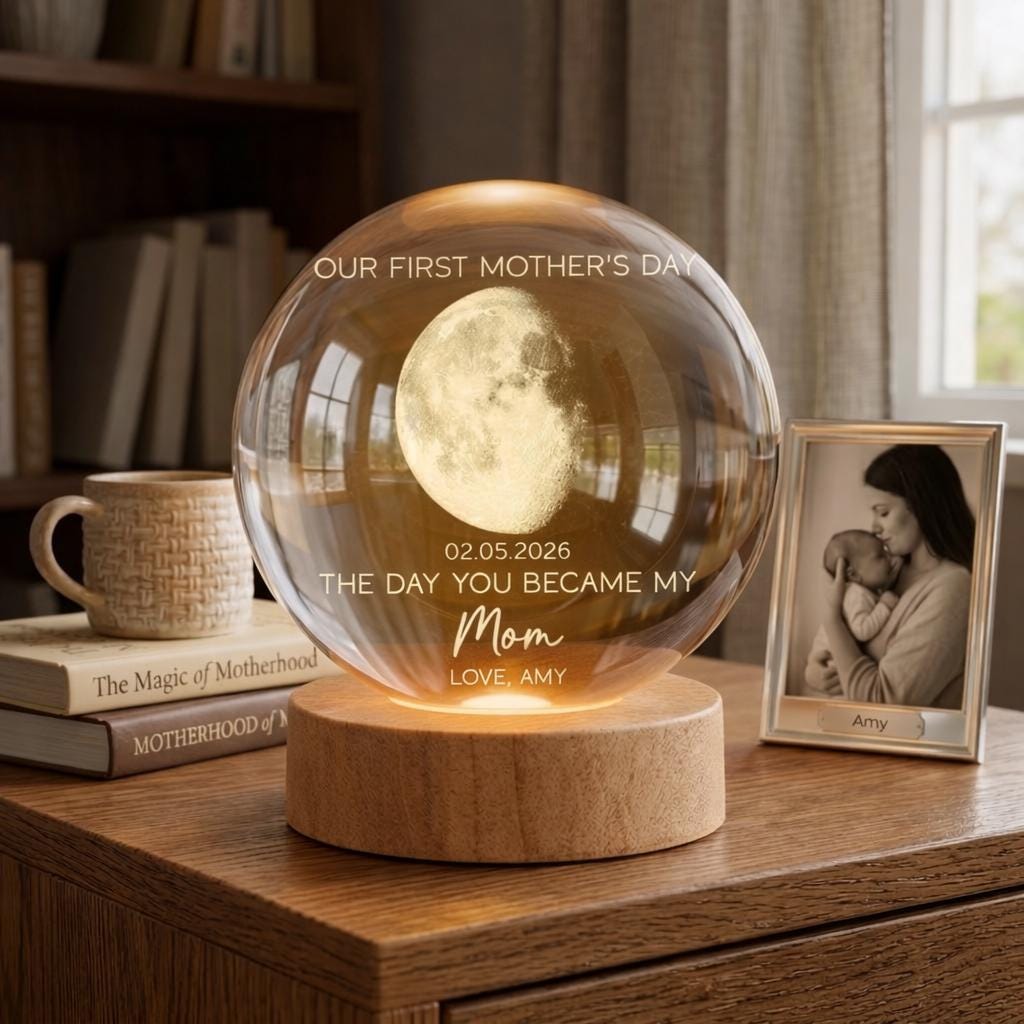 The Day You Became My Mom Custom Moon Phase First Mother's Day, Personalized Crystal Ball Night Light, First Mother's Day Gift For New Mom