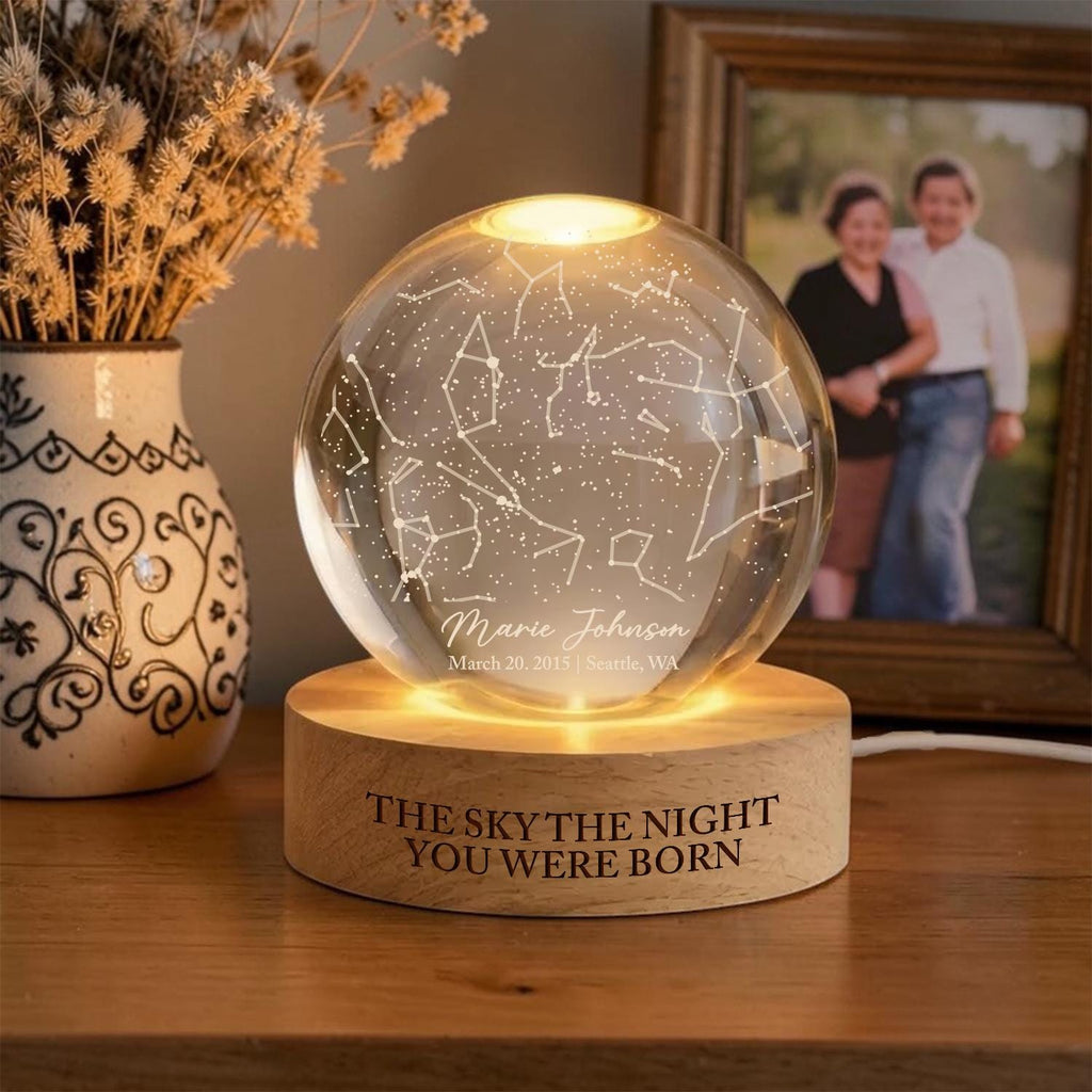 The Stars On The Night You Were Born Star Map By Date Crystal Ball Night Light Personalized Constellation Birthday Gift, Mother's Day Gift