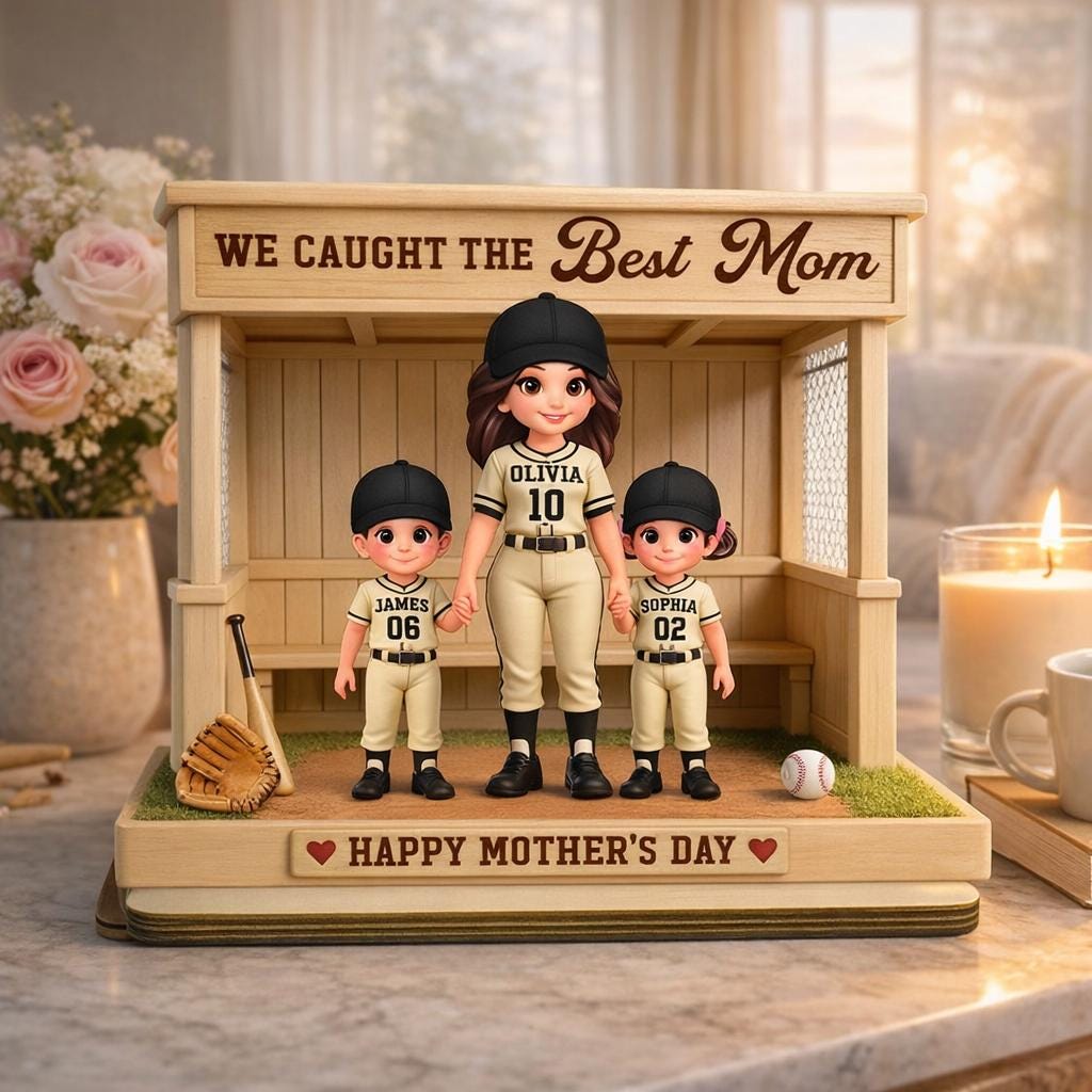 Baseball, Softball Mom And Kids Personalized Standing Wooden Sign, Mother's Day Gift For Wife, Gift For Mom, Baseball Lover, Baseball Player