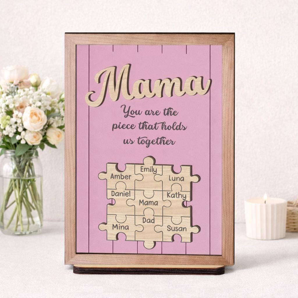 Custom Puzzle Piece Wood Sign, Personalized Mothers Day Gift for Mom, Gift for Grandma Nana Mimi, Family Names, Piece That Holds Us Together