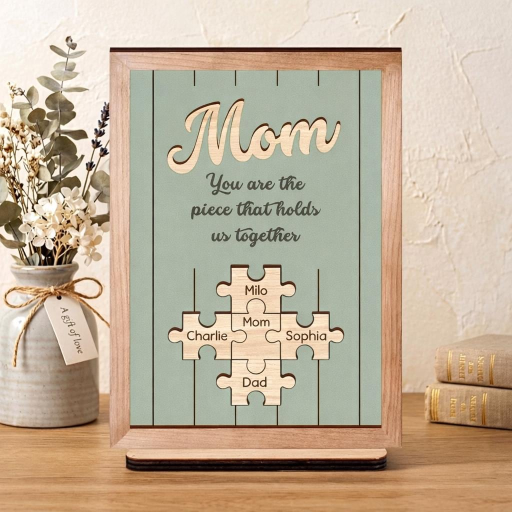 Custom Puzzle Piece Wood Sign, Personalized Mothers Day Gift for Mom, Gift for Grandma Nana Mimi, Family Names, Piece That Holds Us Together