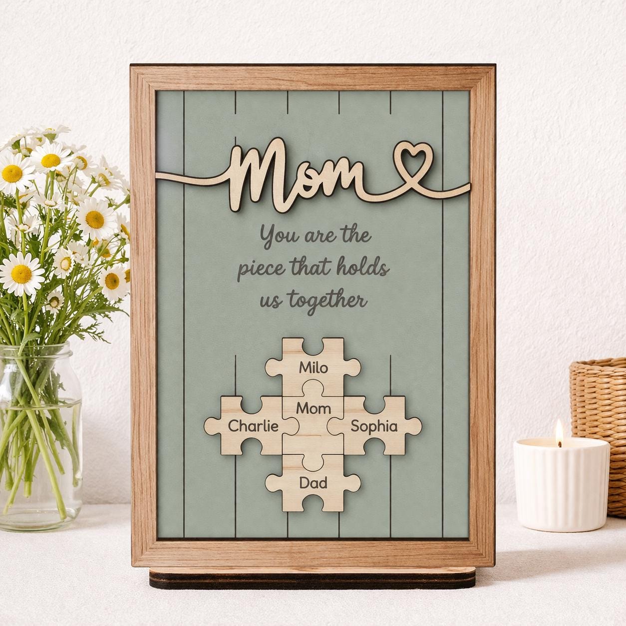 Custom Puzzle Piece Wood Sign, Personalized Mothers Day Gift for Mom, Gift for Grandma Nana Mimi, Family Names, Piece That Holds Us Together