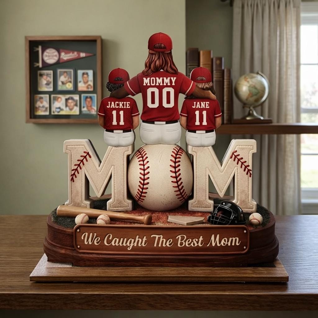 Baseball, Softball Mom And Kids Personalized Standing Wooden Sign, Mothers Day Gift For Wife, Gift For Mom, Mom Coach Gift, 2-Layered Plaque