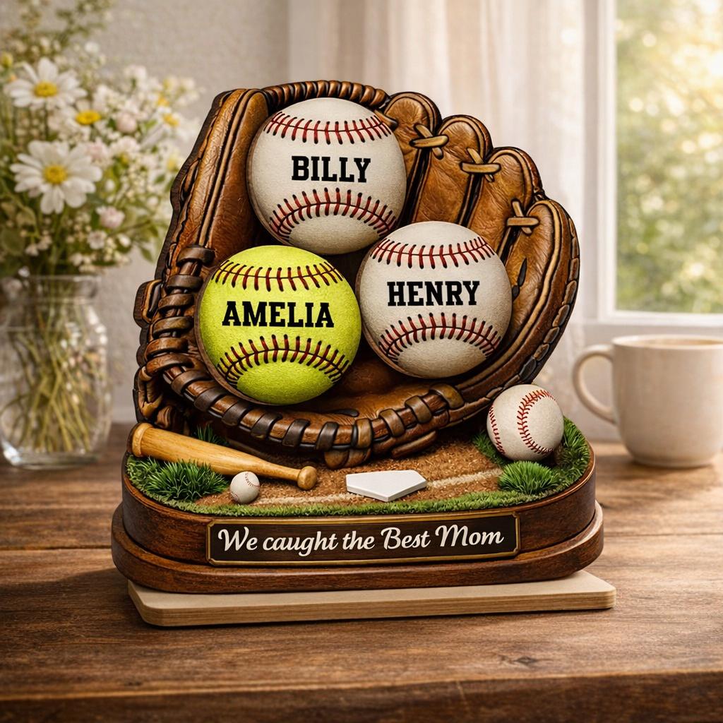 We Caught The Best Mom, Baseball, Softball Personalized Standing Wooden Sign, Mother's Day Gift For Wife, Mom, Custom Baseball Lover Gift