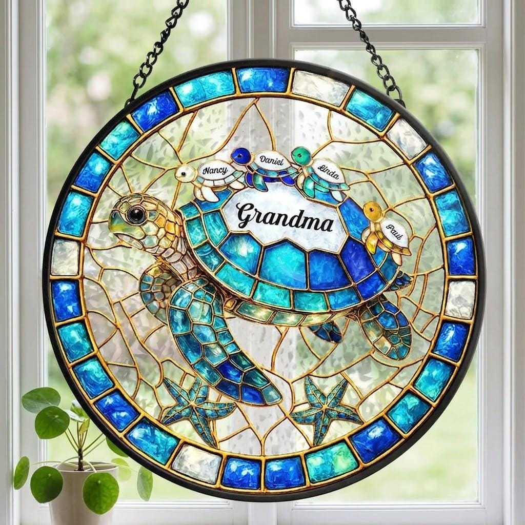 Custom Turtle Stained Glass Suncatcher Mom Grandma,  Personalized Stained Glass Window Hanging Suncatcher, Sentimental Gift For Mom, Nana