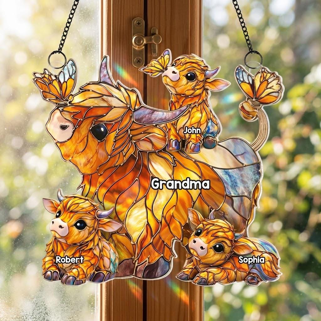 Personalized Highland Cow Mom Acrylic Suncatcher, Grandma’s Herd with Names, Custom Family Window Hanging, Mother's Day Gift for Mom Grandma