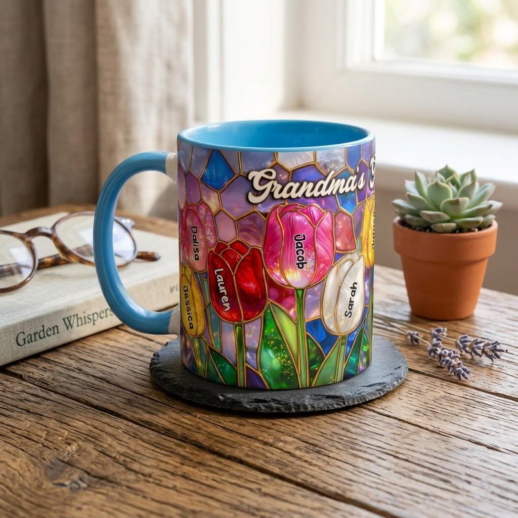 Personalized Tulip Flower Mug, Custom Grandma's Garden Aesthetic Tea Mug, Mother's Day Gifts for Mom, Wife, Nana Grandkids Names Coffee Cup