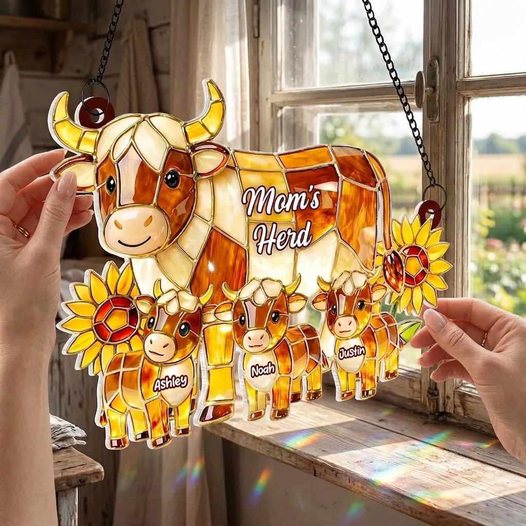 Personalized Highland Cow Mom Acrylic Suncatcher, Custom Family Window Hanging, Mother's Day Gift for Mom Grandma, Faux Stained Glass Art
