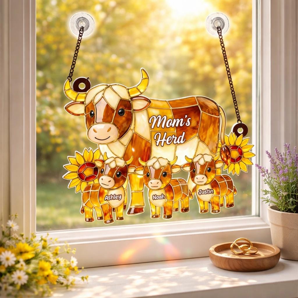 Personalized Highland Cow Mom Acrylic Suncatcher, Custom Family Window Hanging, Mother's Day Gift for Mom Grandma, Faux Stained Glass Art