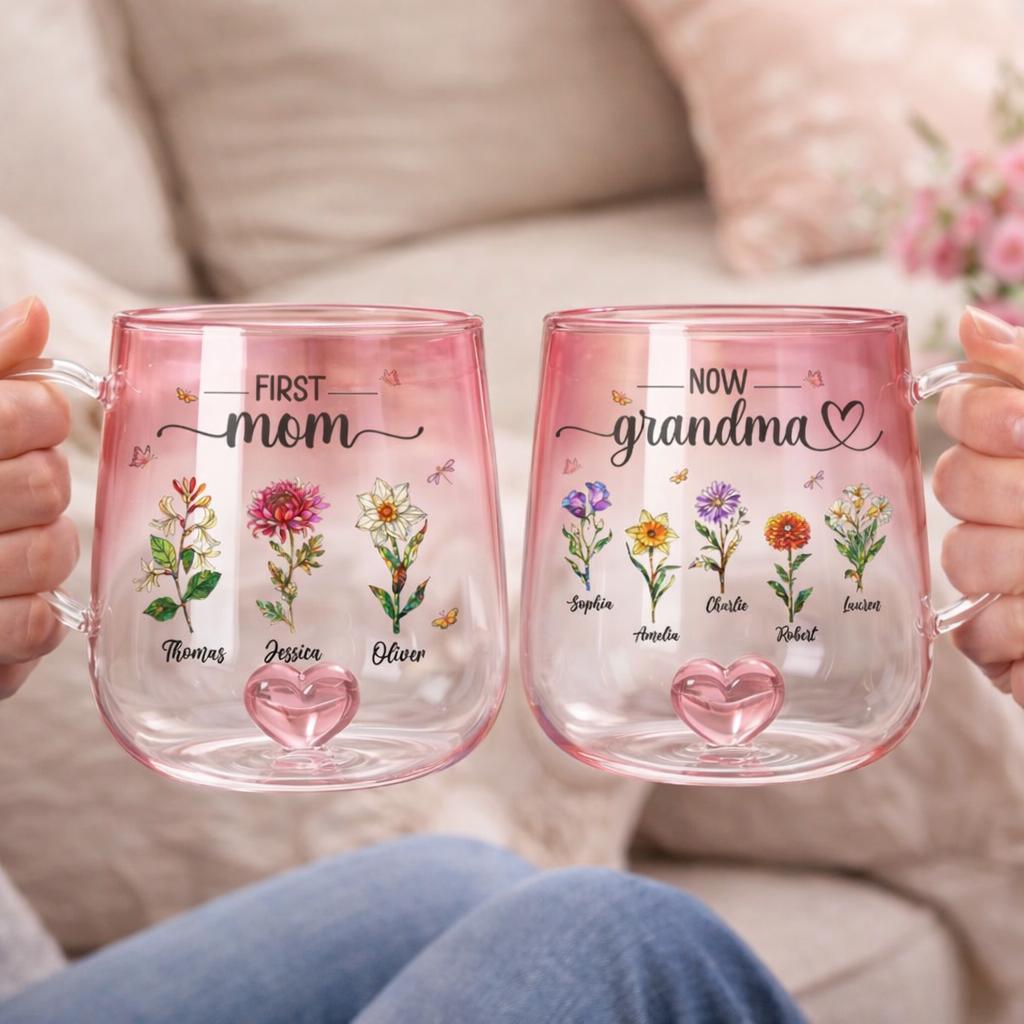 First Mom Now Grandma Custom Birth Flowers Mug, Personalized Glass Gradient Mug Mother's Day Gift for Mom, Grandma, New Grandma Coffee Mug