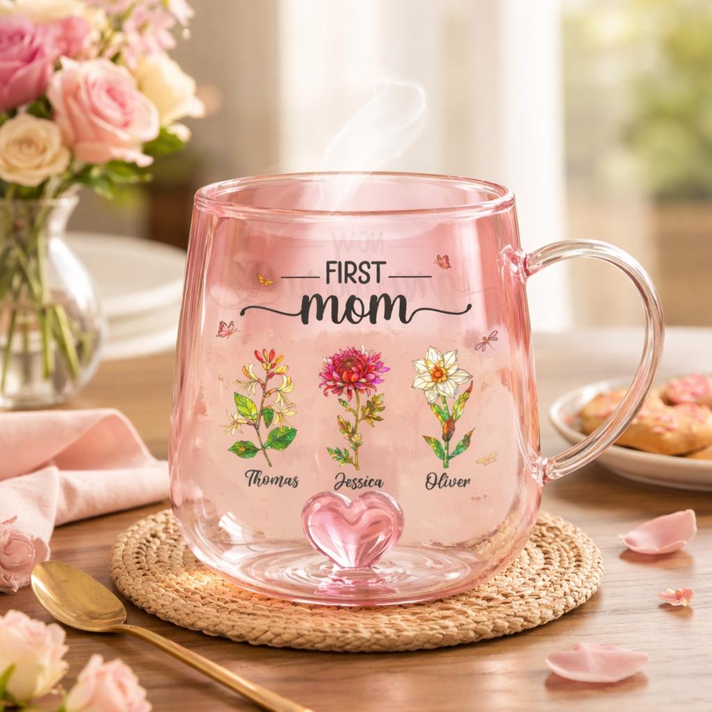 First Mom Now Grandma Custom Birth Flowers Mug, Personalized Glass Gradient Mug Mother's Day Gift for Mom, Grandma, New Grandma Coffee Mug