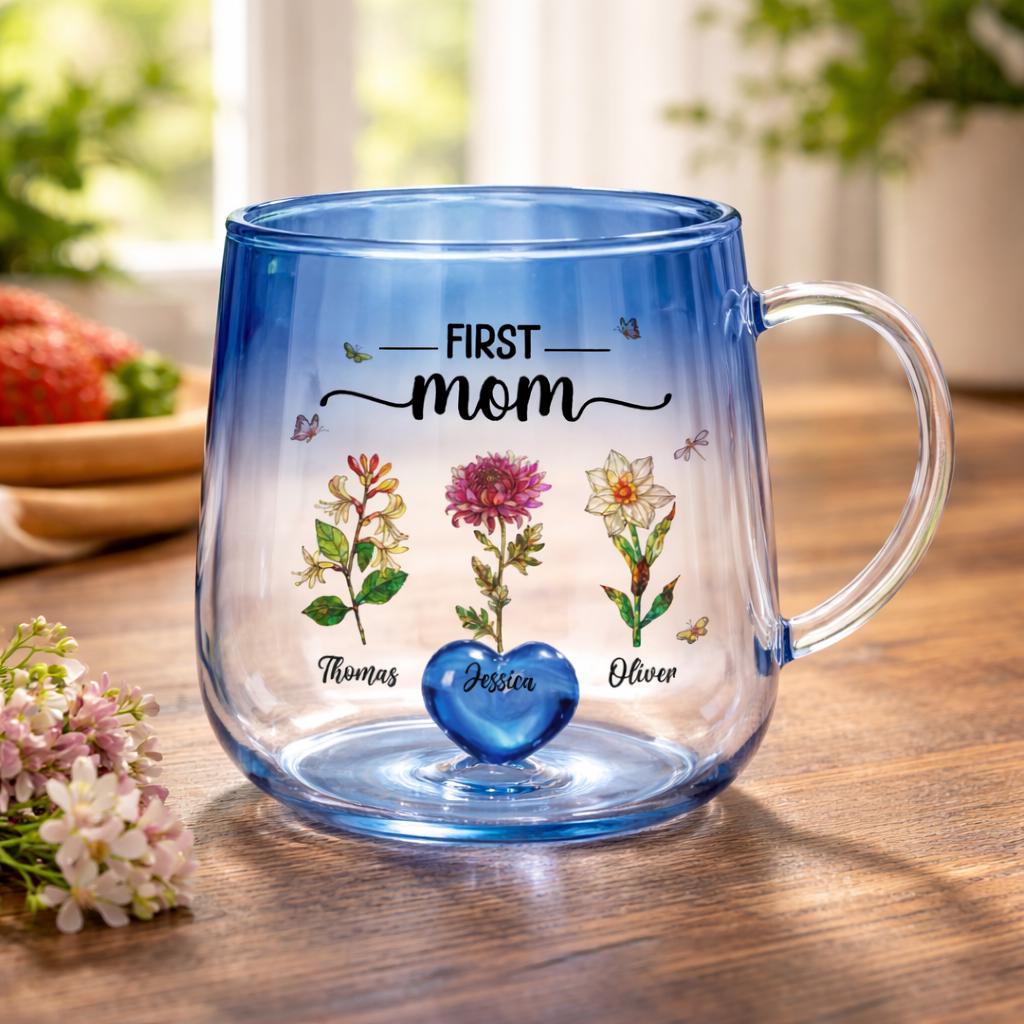 First Mom Now Grandma Custom Birth Flowers Mug, Personalized Glass Gradient Mug Mother's Day Gift for Mom, Grandma, New Grandma Coffee Mug