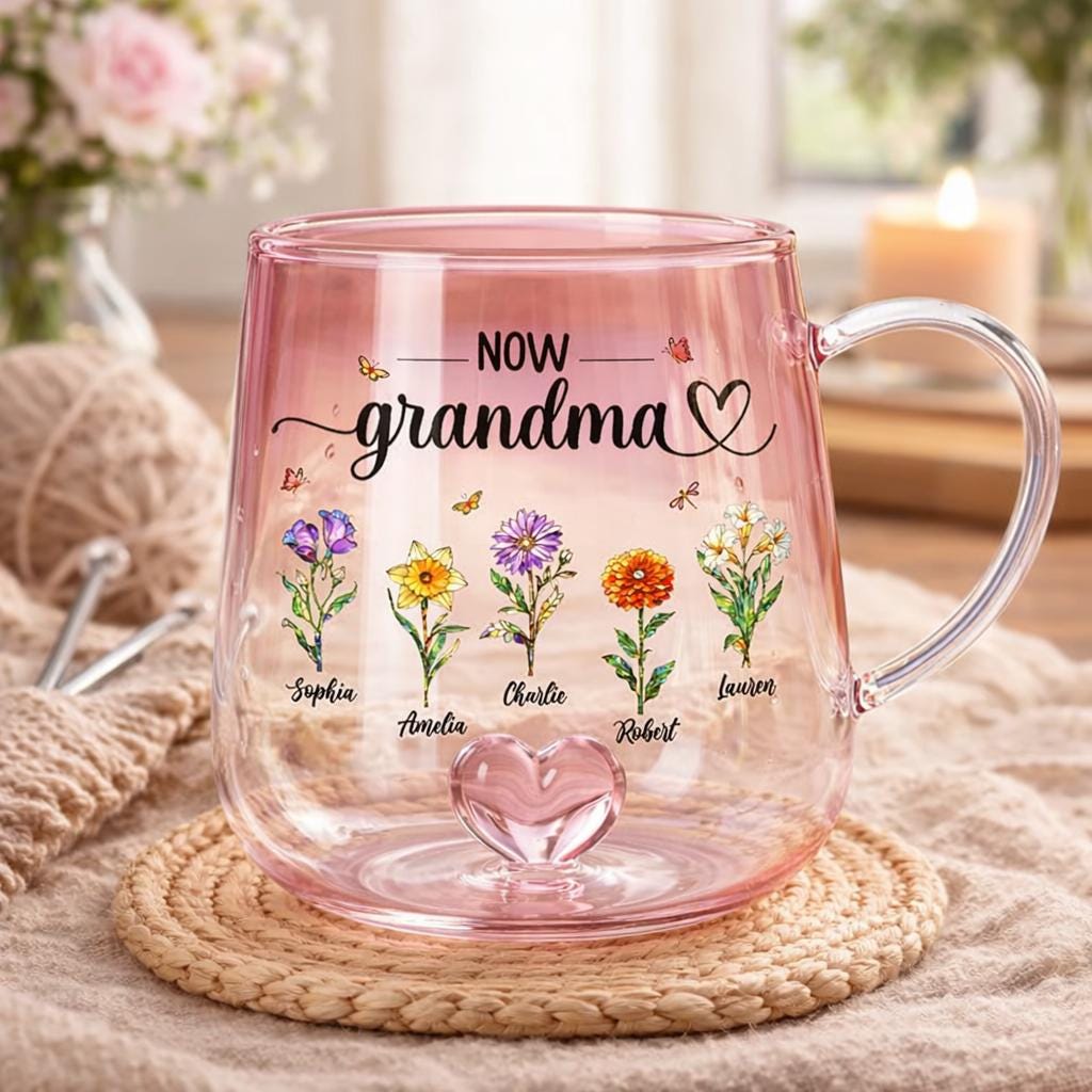 First Mom Now Grandma Custom Birth Flowers Mug, Personalized Glass Gradient Mug Mother's Day Gift for Mom, Grandma, New Grandma Coffee Mug