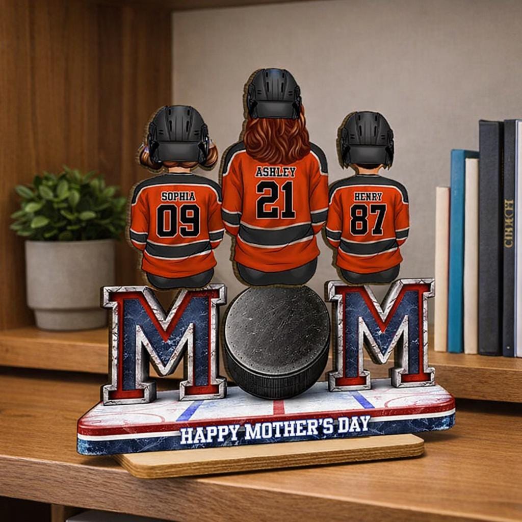 Hockey Mom And Kids Sign, Personalized 2-Layered Wooden Plaque, Mother's Day Gift For Mom, Hockey Lover Gift, Hockey Mom Gift, Game Day Sign