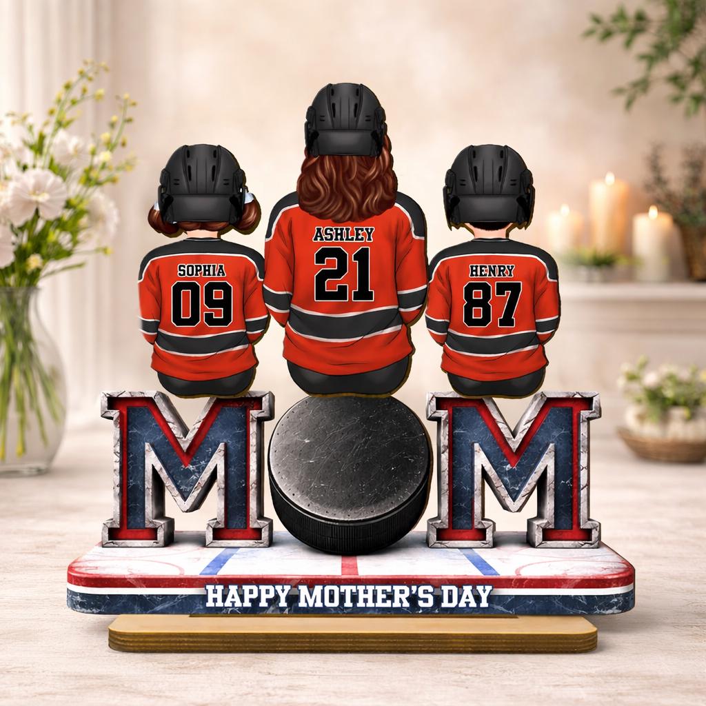 Hockey Mom And Kids Sign, Personalized 2-Layered Wooden Plaque, Mother's Day Gift For Mom, Hockey Lover Gift, Hockey Mom Gift, Game Day Sign