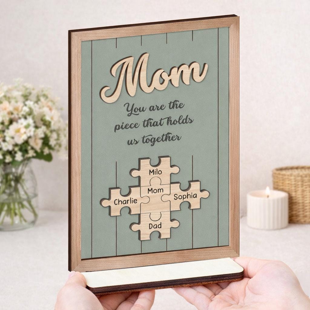 Custom Puzzle Piece Wood Sign, Personalized Mothers Day Gift for Mom, Gift for Grandma Nana Mimi, Family Names, Piece That Holds Us Together
