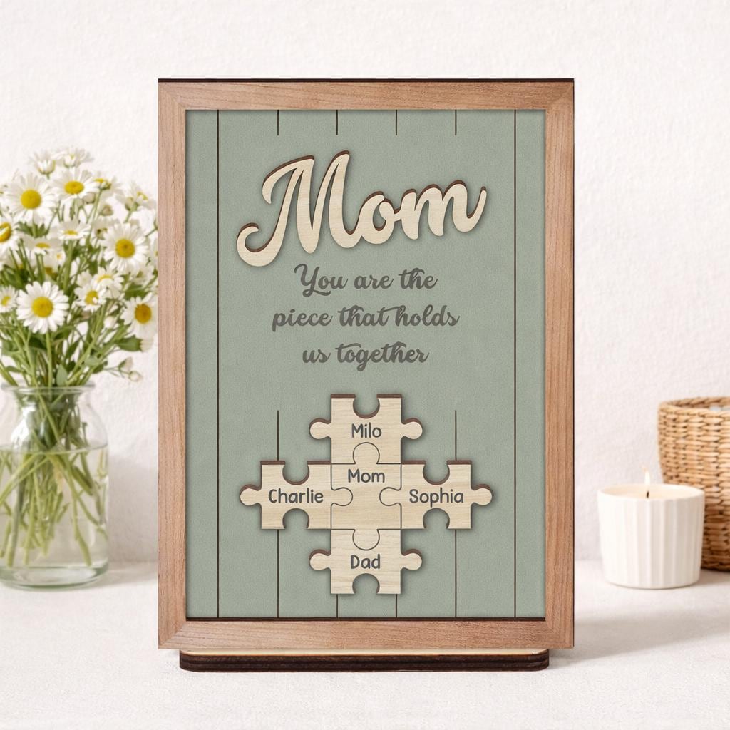Custom Puzzle Piece Wood Sign, Personalized Mothers Day Gift for Mom, Gift for Grandma Nana Mimi, Family Names, Piece That Holds Us Together
