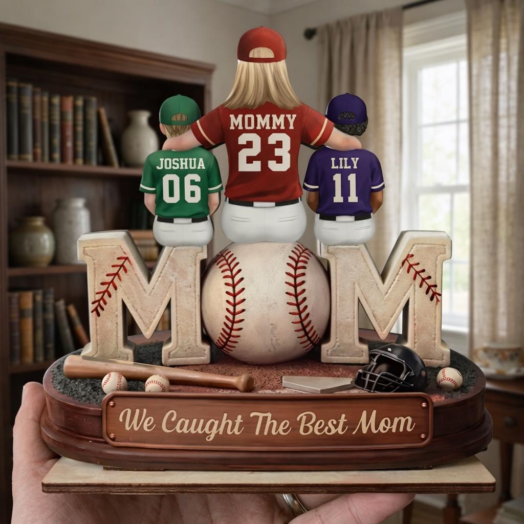 Baseball, Softball Mom And Kids Personalized Standing Wooden Sign, Mothers Day Gift For Wife, Gift For Mom, Mom Coach Gift, 2-Layered Plaque