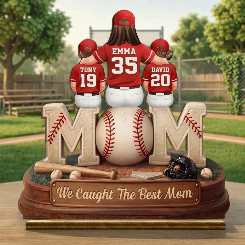 Baseball, Softball Mom And Kids Personalized Standing Wooden Sign, Mothers Day Gift For Wife, Gift For Mom, Mom Coach Gift, 2-Layered Plaque