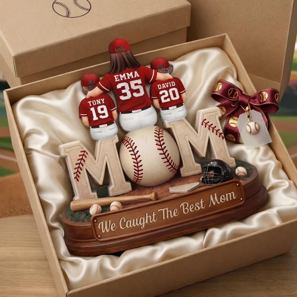 Baseball, Softball Mom And Kids Personalized Standing Wooden Sign, Mothers Day Gift For Wife, Gift For Mom, Mom Coach Gift, 2-Layered Plaque