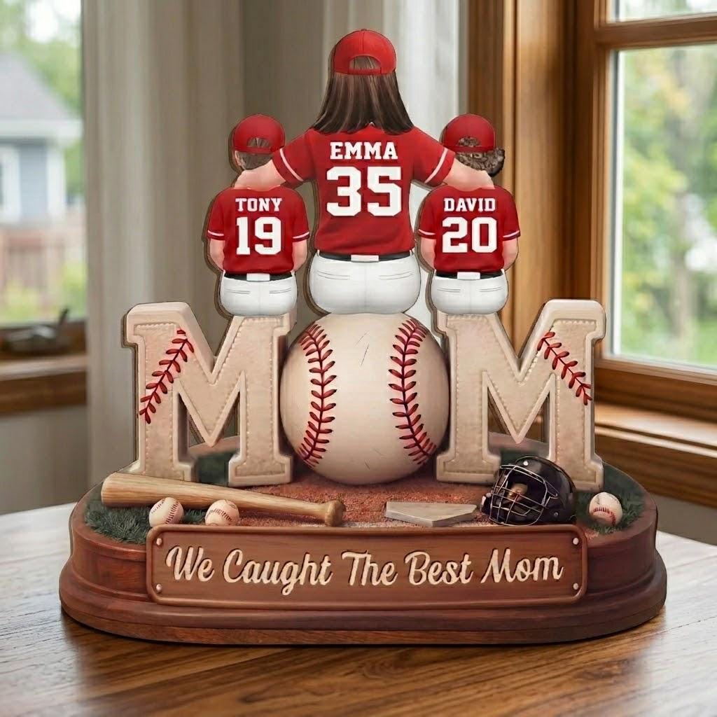 Baseball, Softball Mom And Kids Personalized Standing Wooden Sign, Mothers Day Gift For Wife, Gift For Mom, Mom Coach Gift, 2-Layered Plaque