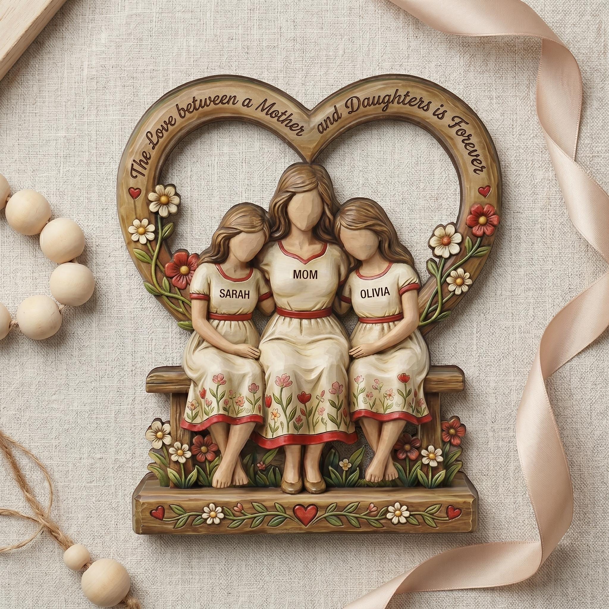 Personalized Mother Daughter Wooden Plaque, Custom Mom and Kids Gift, Mother’s Day Keepsake, Family Name Sign, Mom Birthday Gift - 2D Print