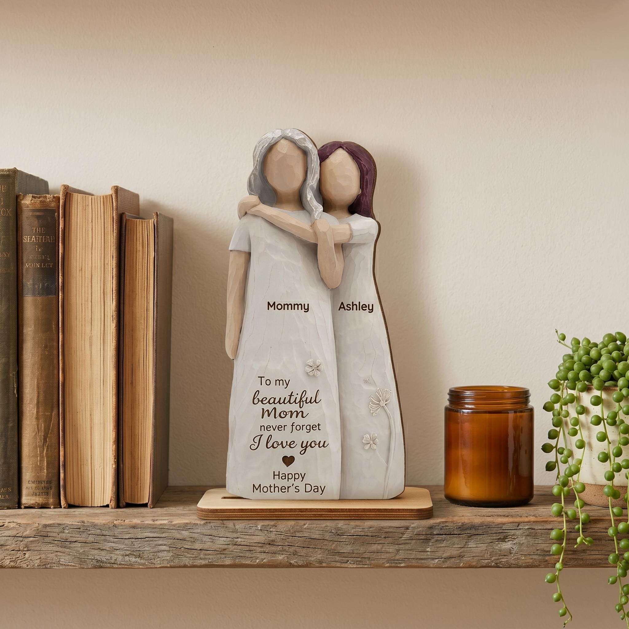 Personalized Mom Daughter Wooden Figurine, Custom Mother Daughter Gift, Mother’s Day Keepsake, Mom Birthday Gift, Family Name Decor 2D Print