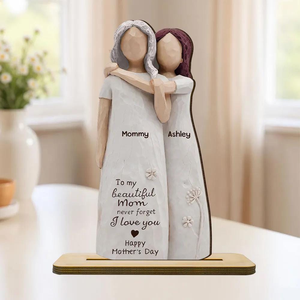 Personalized Mom Daughter Wooden Figurine, Custom Mother Daughter Gift, Mother’s Day Keepsake, Mom Birthday Gift, Family Name Decor 2D Print