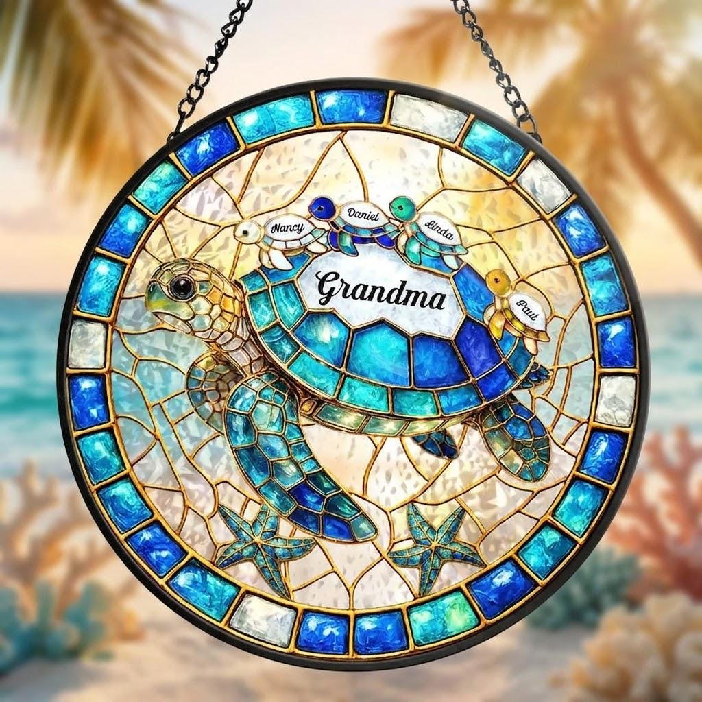 Custom Turtle Stained Glass Suncatcher Mom Grandma,  Personalized Stained Glass Window Hanging Suncatcher, Sentimental Gift For Mom, Nana