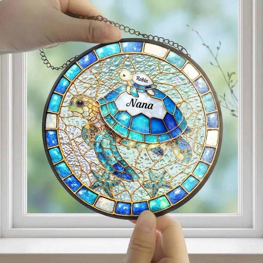Custom Turtle Stained Glass Suncatcher Mom Grandma,  Personalized Stained Glass Window Hanging Suncatcher, Sentimental Gift For Mom, Nana