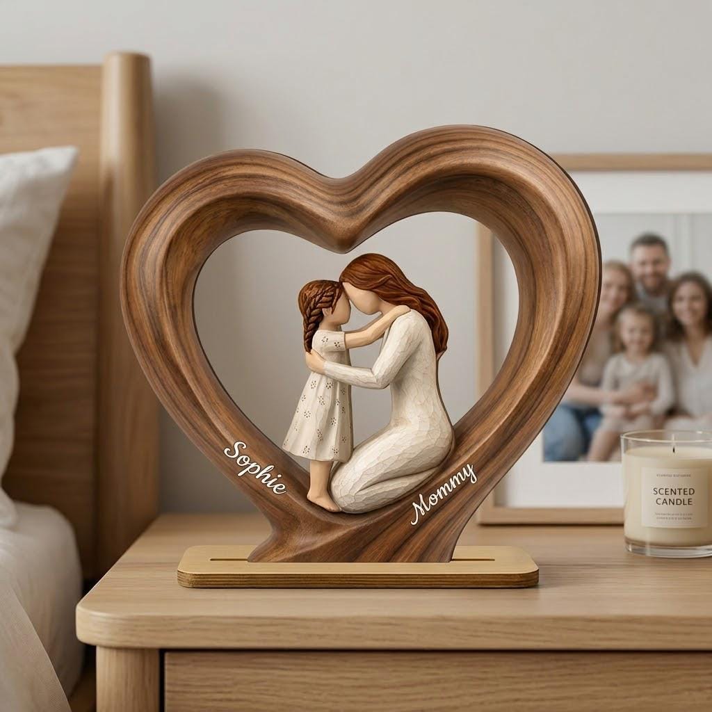 First Mothers Day 2D FLAT Wooden Block Gift, Personalized Mom and Baby Keepsake, Heart Shape Wood Sculpture, New Mom Gift, Custom Name Decor