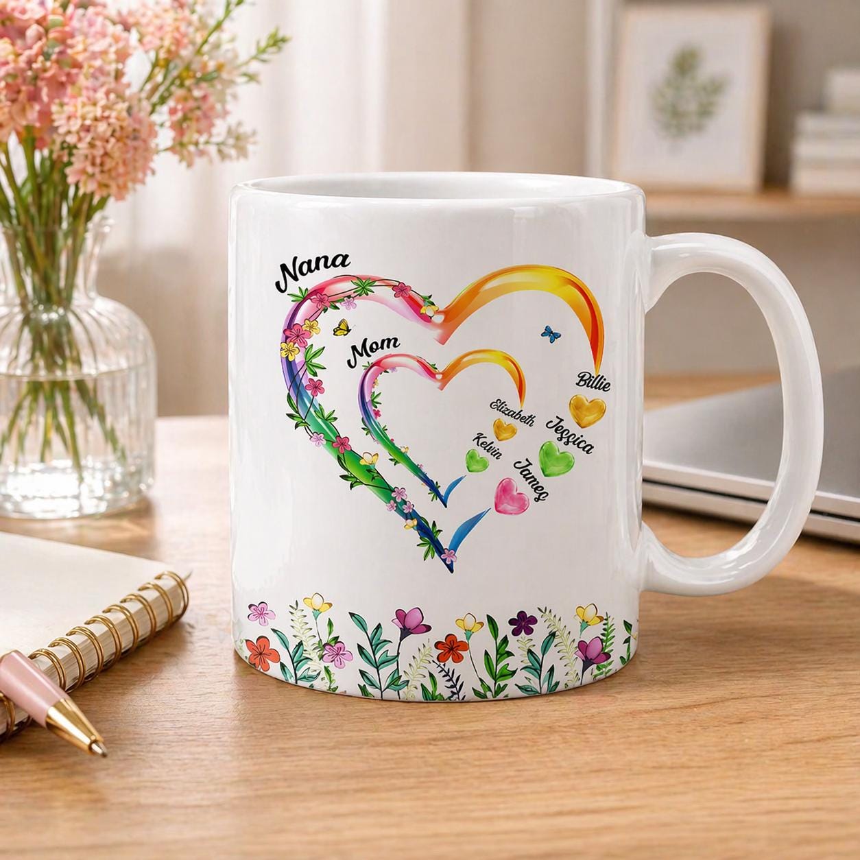 Personalized Mom Grandma Hearts Coffee Mug, Family Mug, Custom Kids Names Mug, Gift For Mom Grandma, Mother's Day Keepsake, Heart Family Mug
