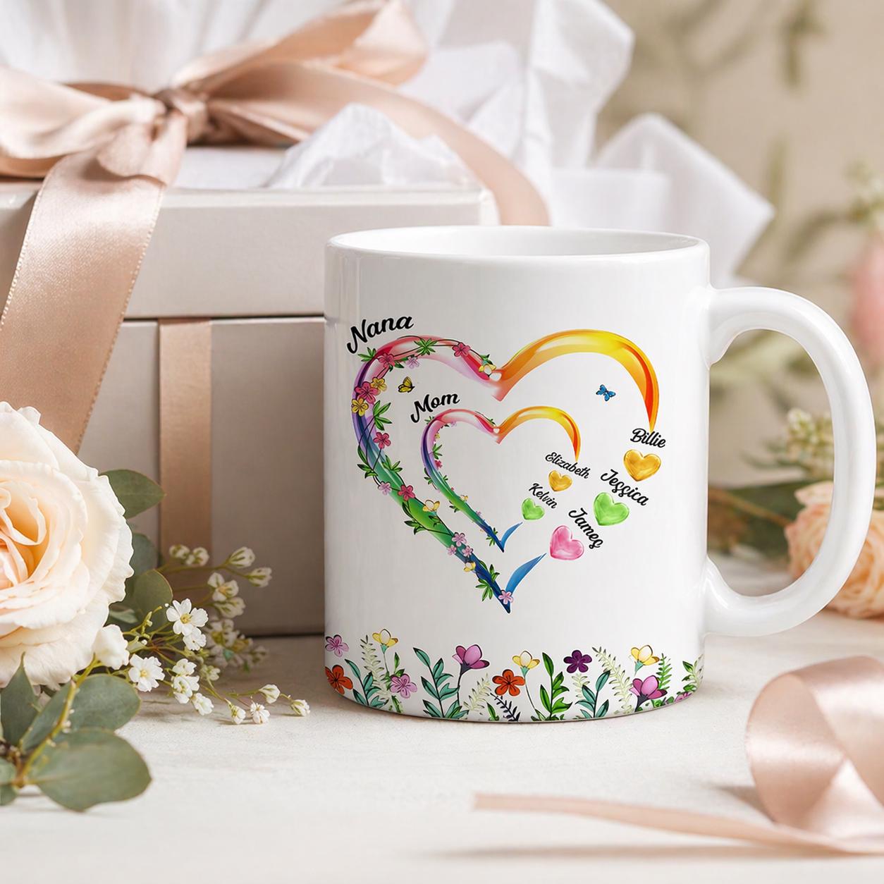 Personalized Mom Grandma Hearts Coffee Mug, Family Mug, Custom Kids Names Mug, Gift For Mom Grandma, Mother's Day Keepsake, Heart Family Mug