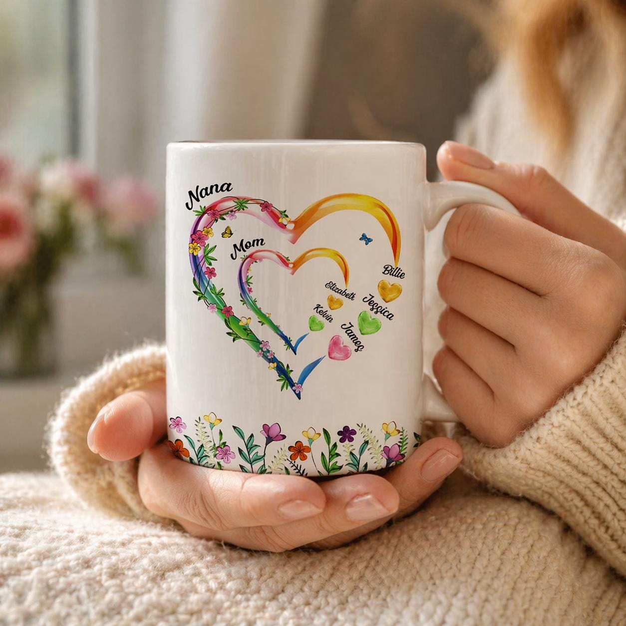 Personalized Mom Grandma Hearts Coffee Mug, Family Mug, Custom Kids Names Mug, Gift For Mom Grandma, Mother's Day Keepsake, Heart Family Mug