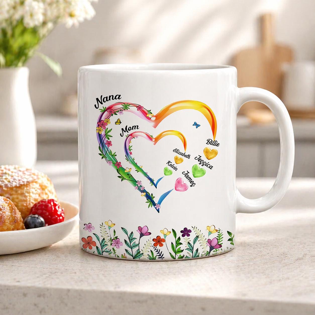 Personalized Mom Grandma Hearts Coffee Mug, Family Mug, Custom Kids Names Mug, Gift For Mom Grandma, Mother's Day Keepsake, Heart Family Mug