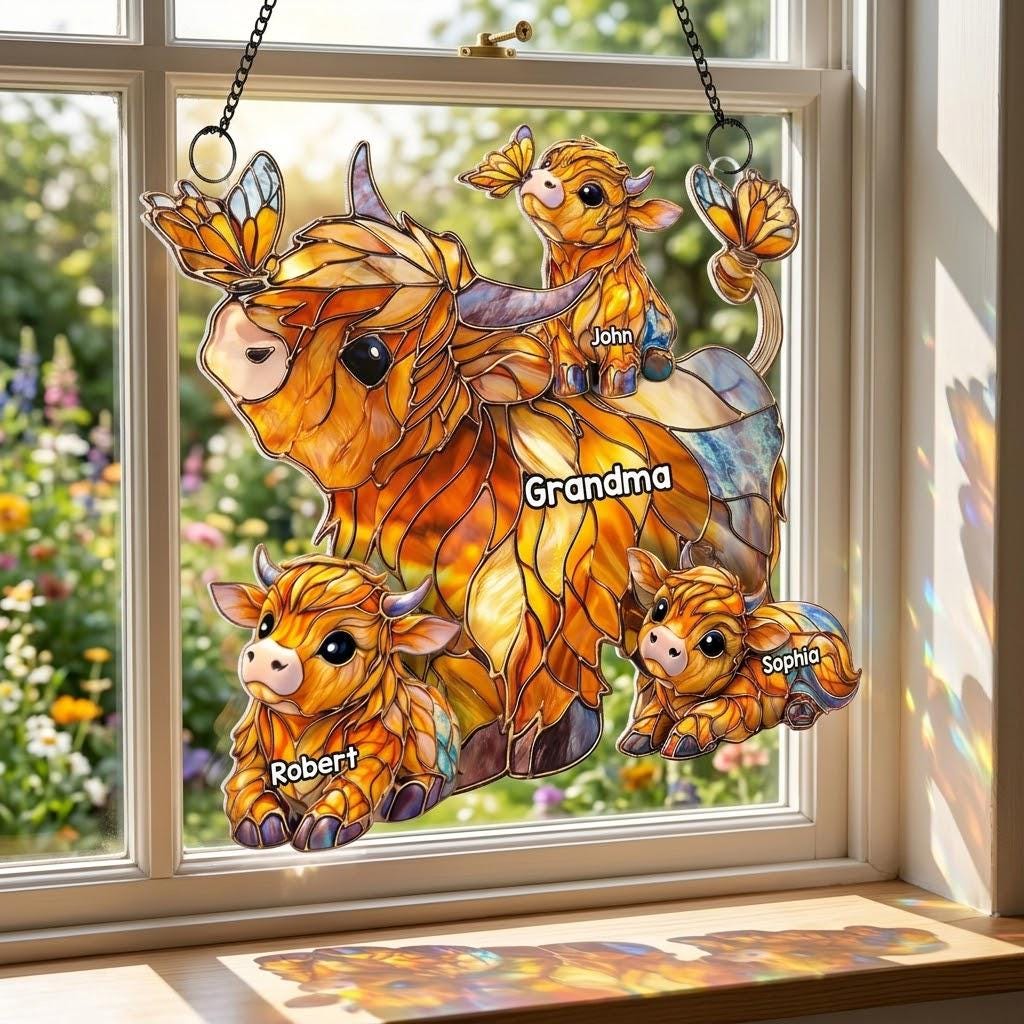 Personalized Highland Cow Mom Acrylic Suncatcher, Grandma’s Herd with Names, Custom Family Window Hanging, Mother's Day Gift for Mom Grandma