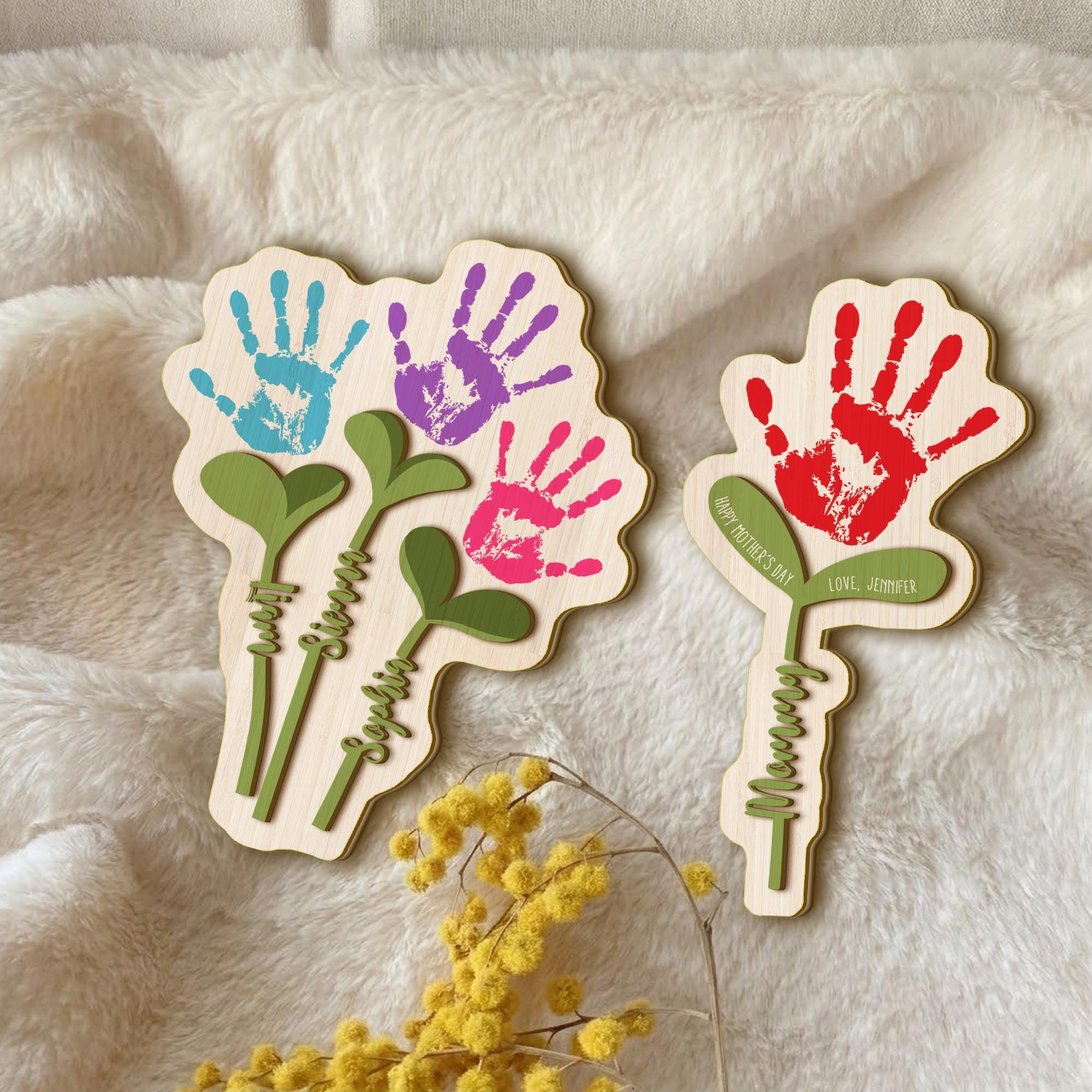 Personalized Handprint Flower Gift for Mom, Wooden Keepsake Mother’s Day Gift, Custom Baby Handprint Plaque, Mom Gift from Kids, Wooden Sign