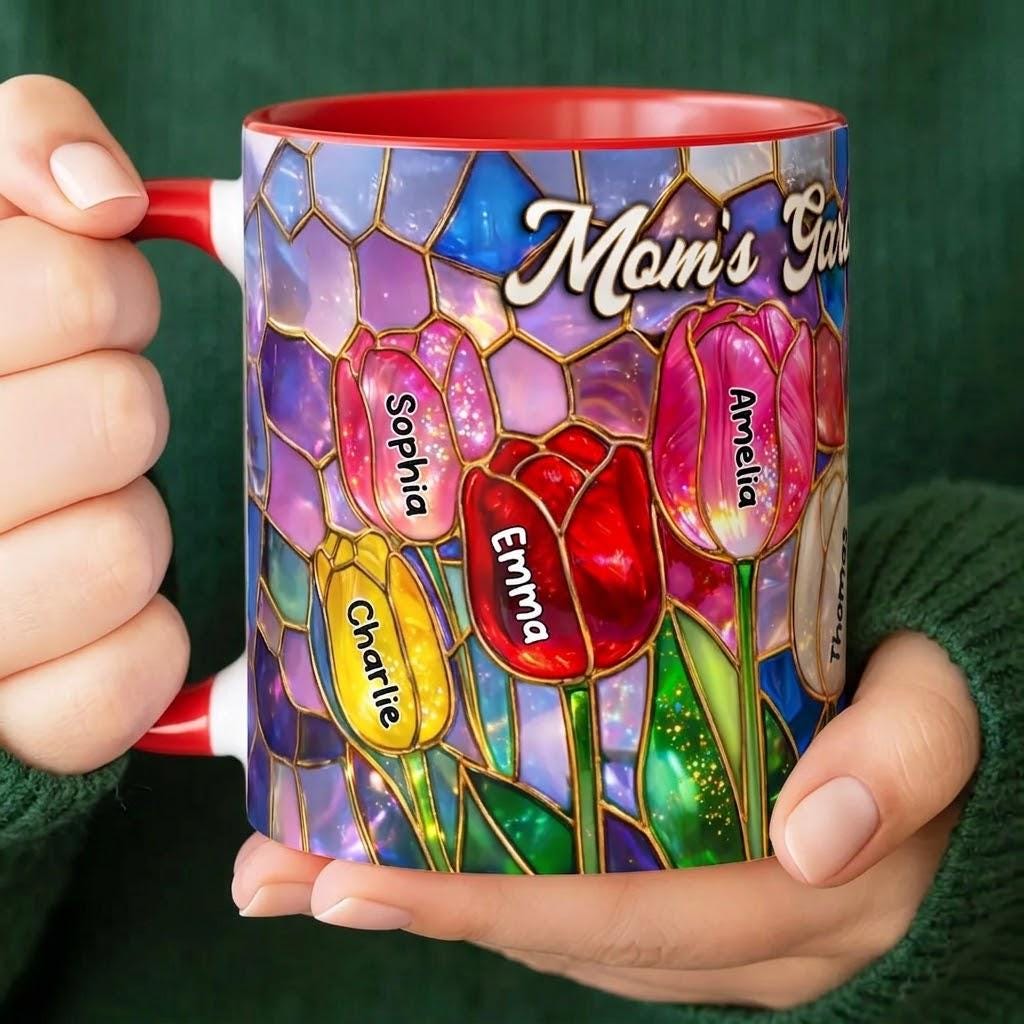 Personalized Tulip Flower Mug, Custom Grandma's Garden Aesthetic Tea Mug, Mother's Day Gifts for Mom, Wife, Nana Grandkids Names Coffee Cup