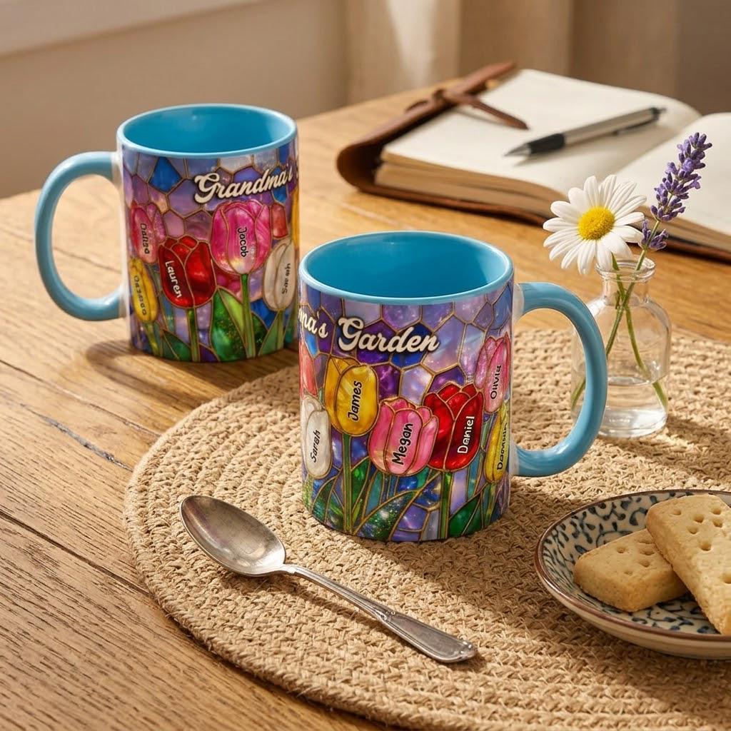 Personalized Tulip Flower Mug, Custom Grandma's Garden Aesthetic Tea Mug, Mother's Day Gifts for Mom, Wife, Nana Grandkids Names Coffee Cup
