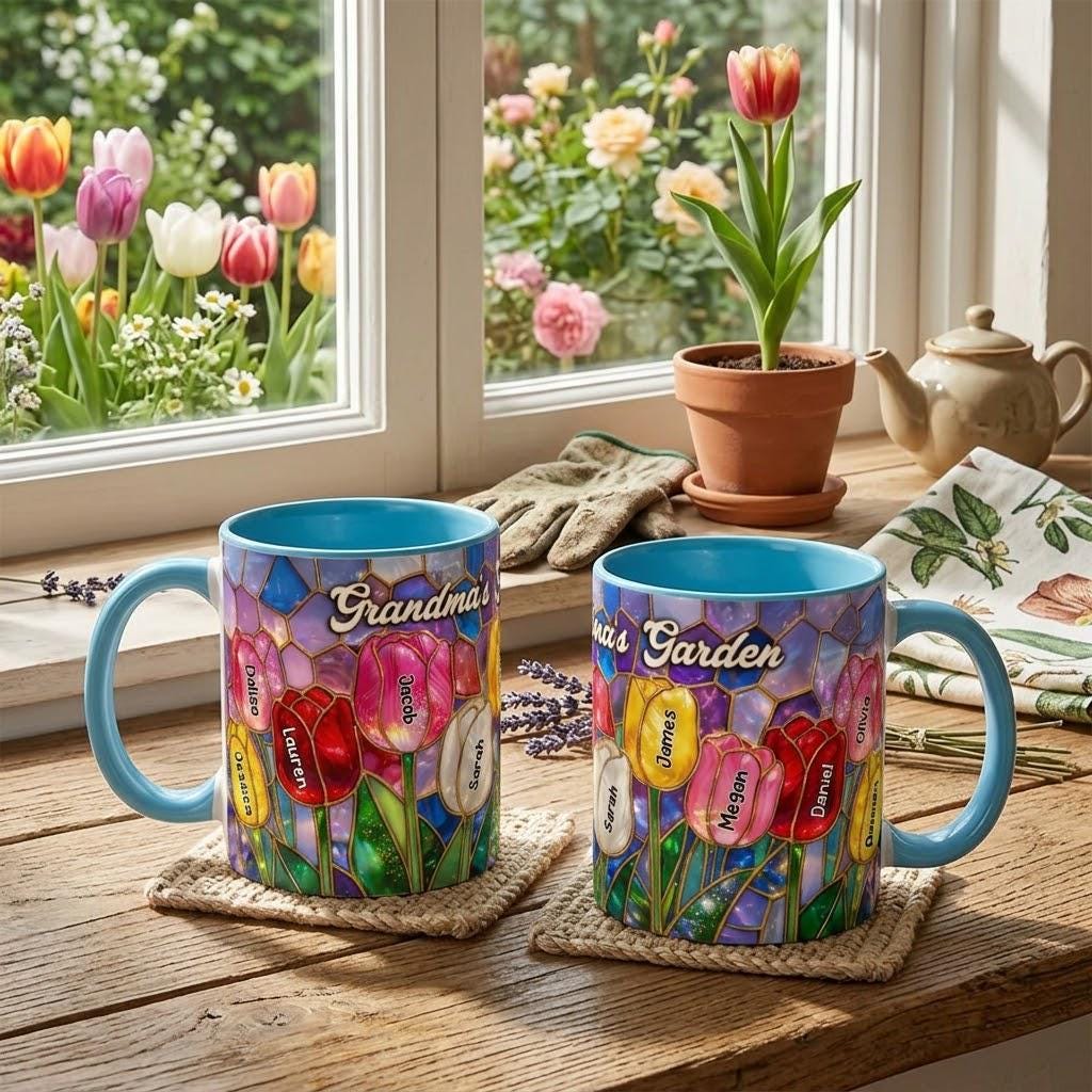 Personalized Tulip Flower Mug, Custom Grandma's Garden Aesthetic Tea Mug, Mother's Day Gifts for Mom, Wife, Nana Grandkids Names Coffee Cup