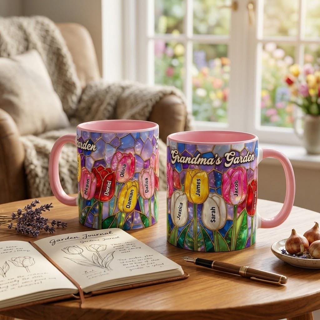 Personalized Tulip Flower Mug, Custom Grandma's Garden Aesthetic Tea Mug, Mother's Day Gifts for Mom, Wife, Nana Grandkids Names Coffee Cup
