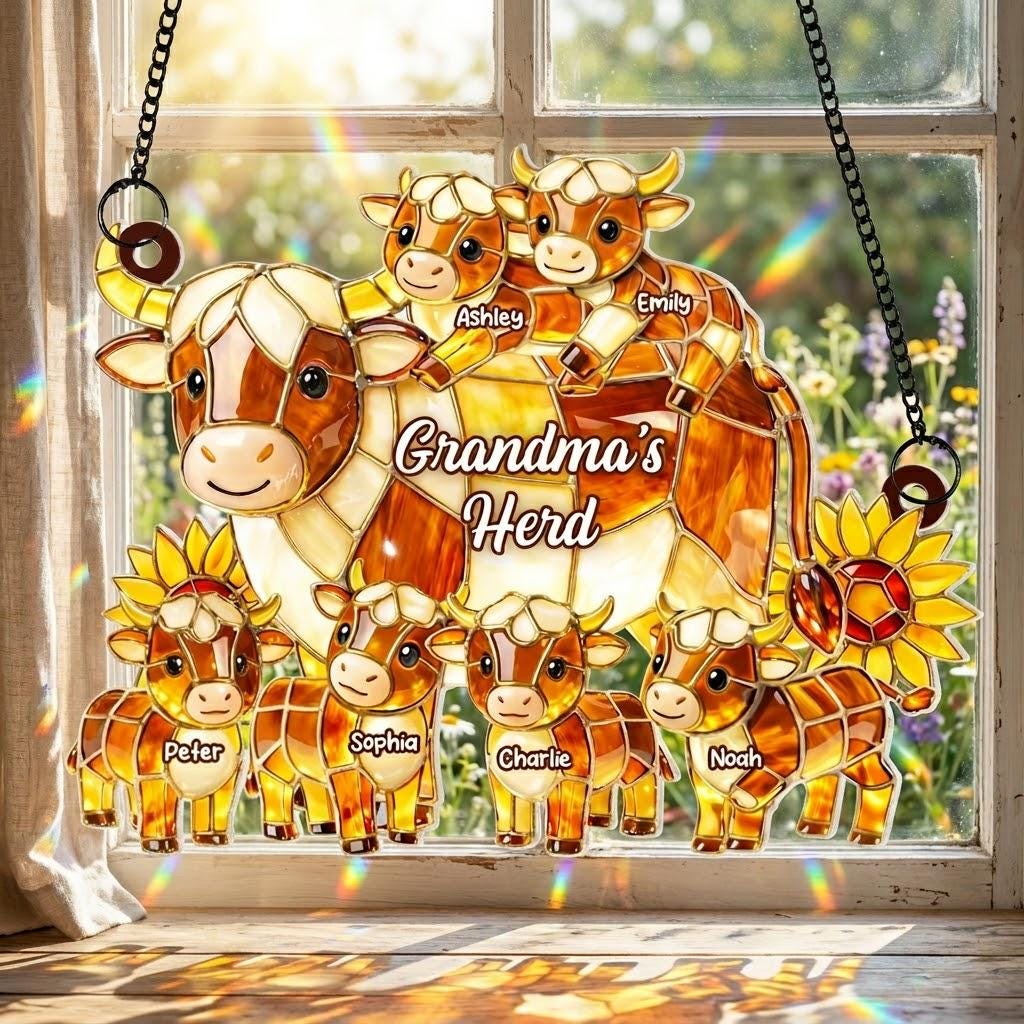 Personalized Highland Cow Mom Acrylic Suncatcher, Custom Family Window Hanging, Mother's Day Gift for Mom Grandma, Faux Stained Glass Art