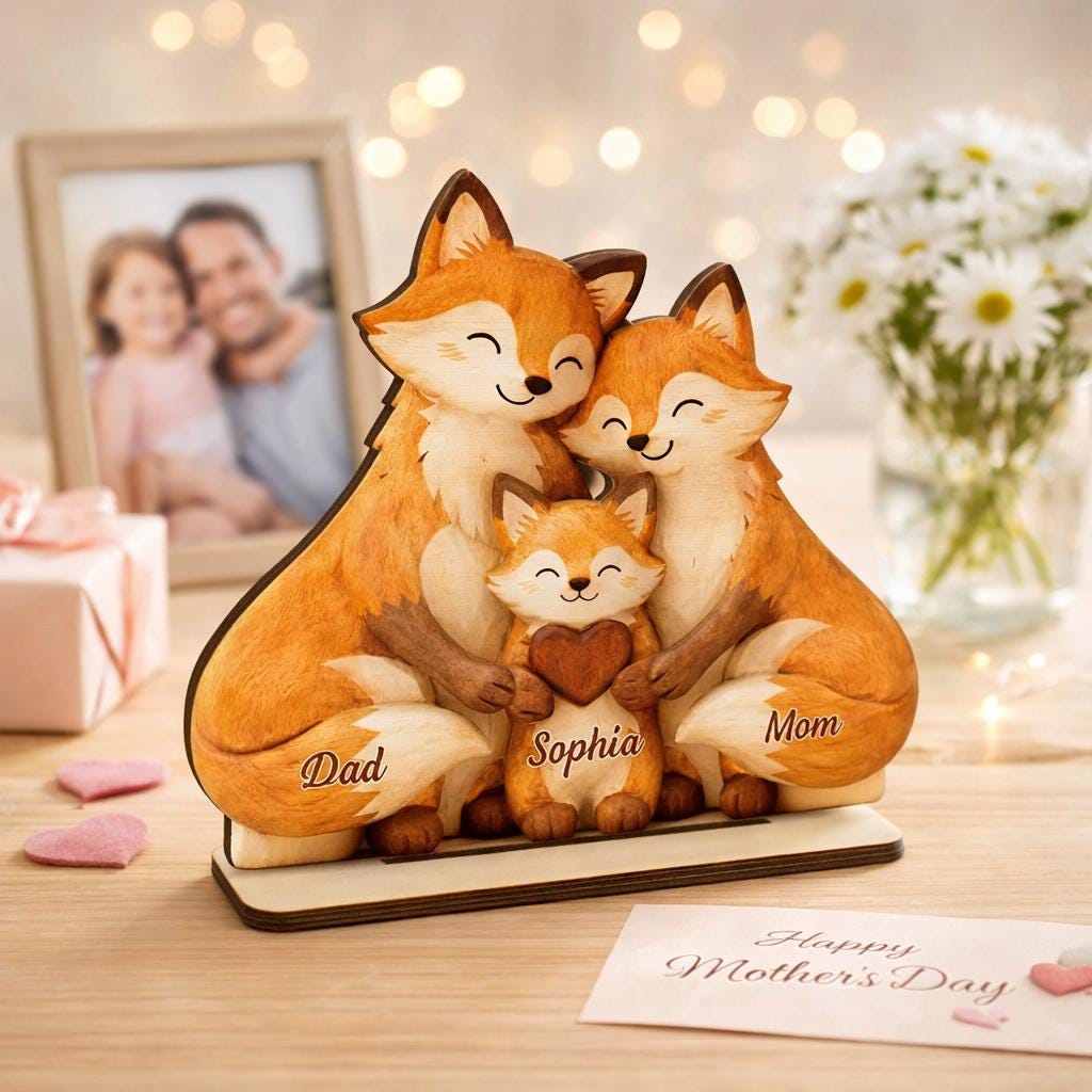 Personalized Fox Family Wooden Sign, Custom Family Names Sign, Family Keepsake, First Mother's Day Gift, Mom and Baby Sign, Animal Family