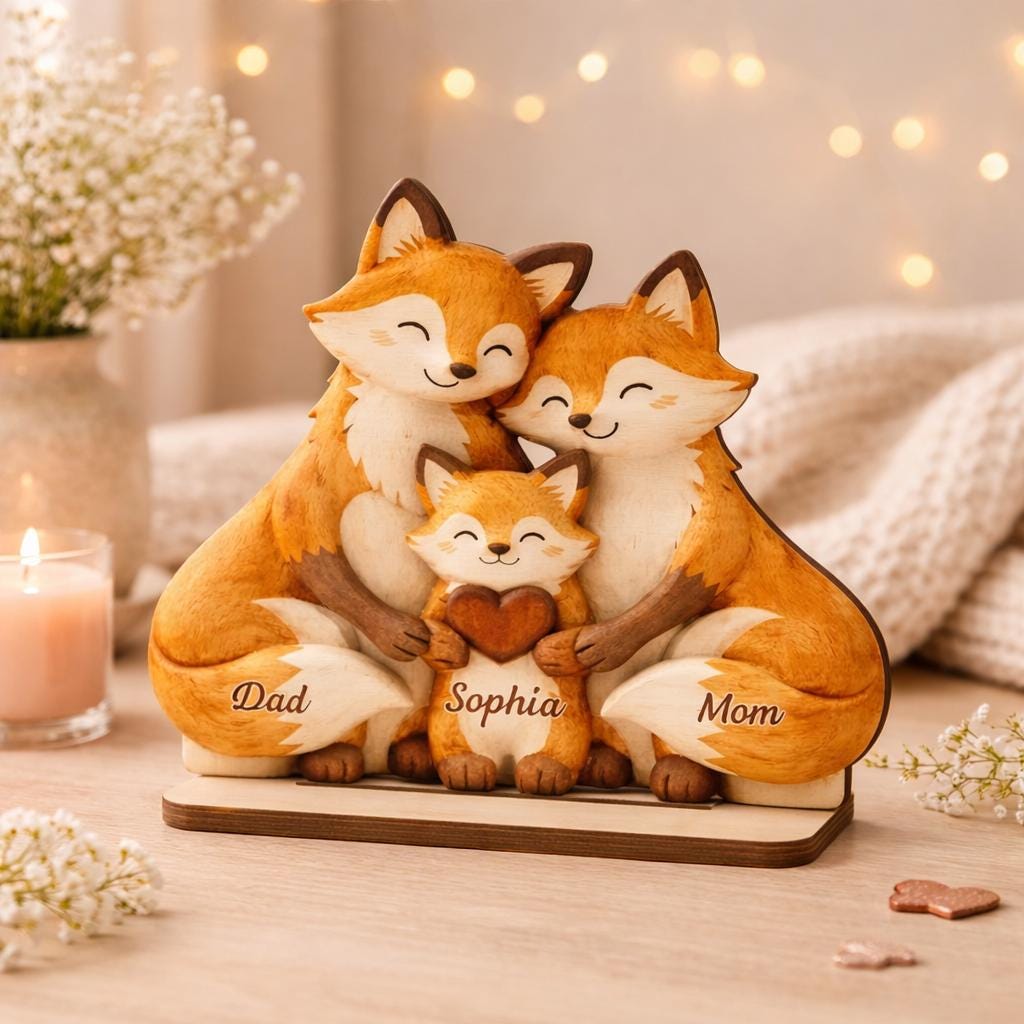 Personalized Fox Family Wooden Sign, Custom Family Names Sign, Family Keepsake, First Mother's Day Gift, Mom and Baby Sign, Animal Family