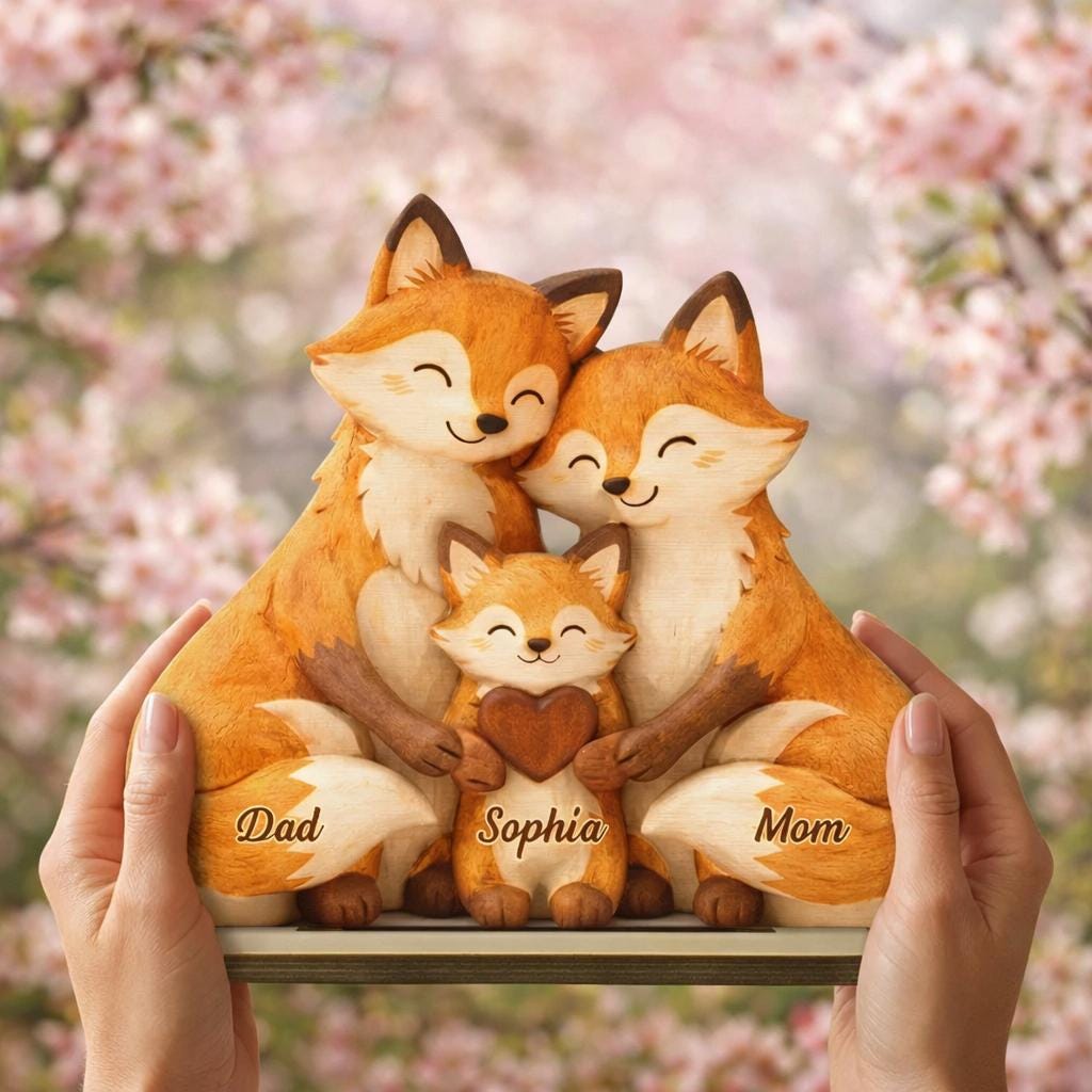 Personalized Fox Family Wooden Sign, Custom Family Names Sign, Family Keepsake, First Mother's Day Gift, Mom and Baby Sign, Animal Family