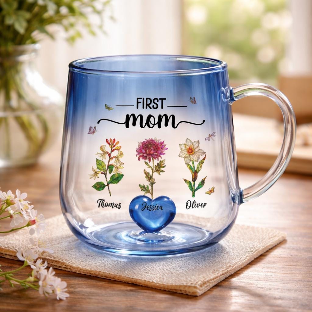 First Mom Now Grandma Custom Birth Flowers Mug, Personalized Glass Gradient Mug Mother's Day Gift for Mom, Grandma, New Grandma Coffee Mug